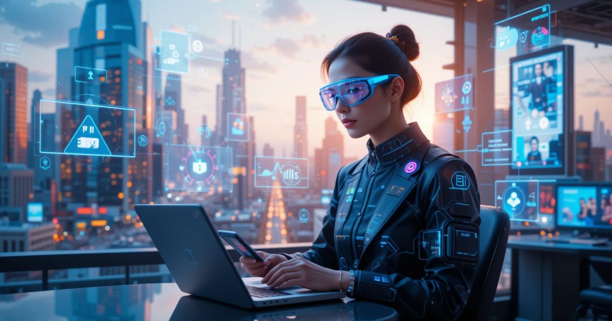 Gig worker using AI gadgets like a smart laptop, glasses, and phone in a futuristic city.