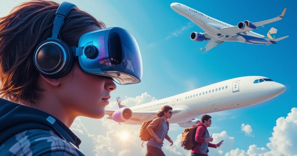 A vibrant collage of an M4 MacBook, Samsung XR headset, and a plane with Starlink Wi-Fi