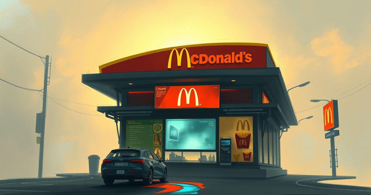 McDonald’s drive-thru with a glowing AI screen taking orders, fries sizzling in the back.