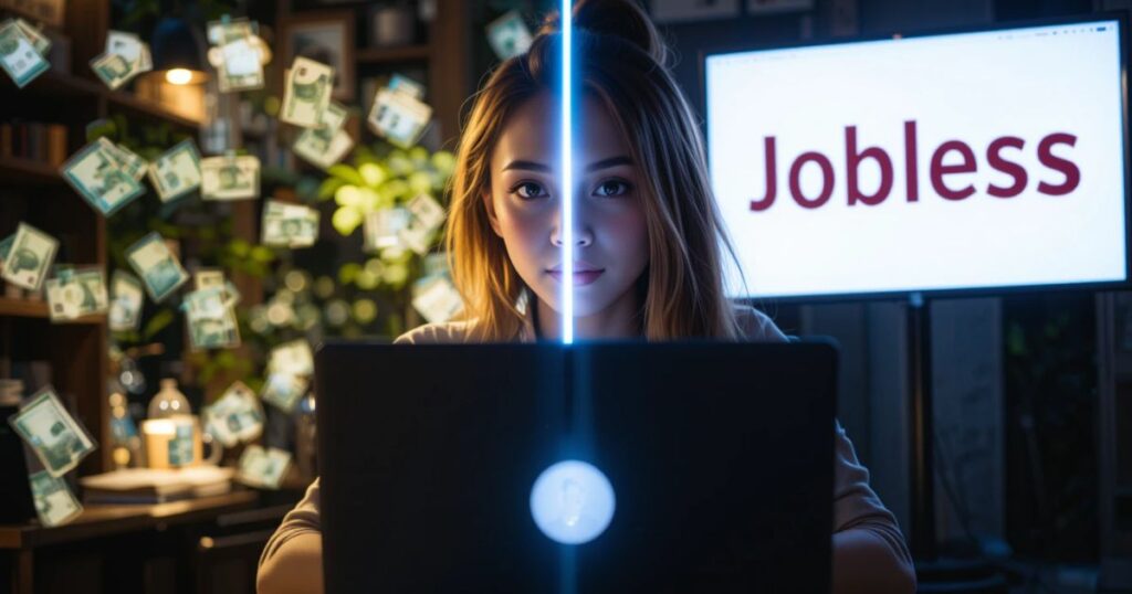 Gig worker at laptop, one side thriving with cash, other side jobless.