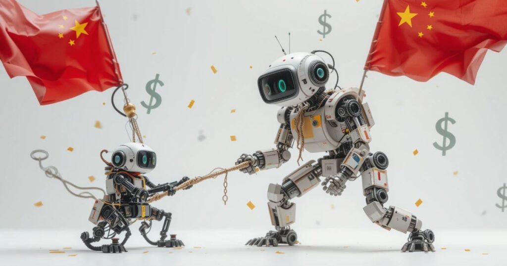 A tiny QwQ-32B robot battling in a tug-of-war against a giant DeepSeek R1, with dollar signs and Chinese flags flying around.