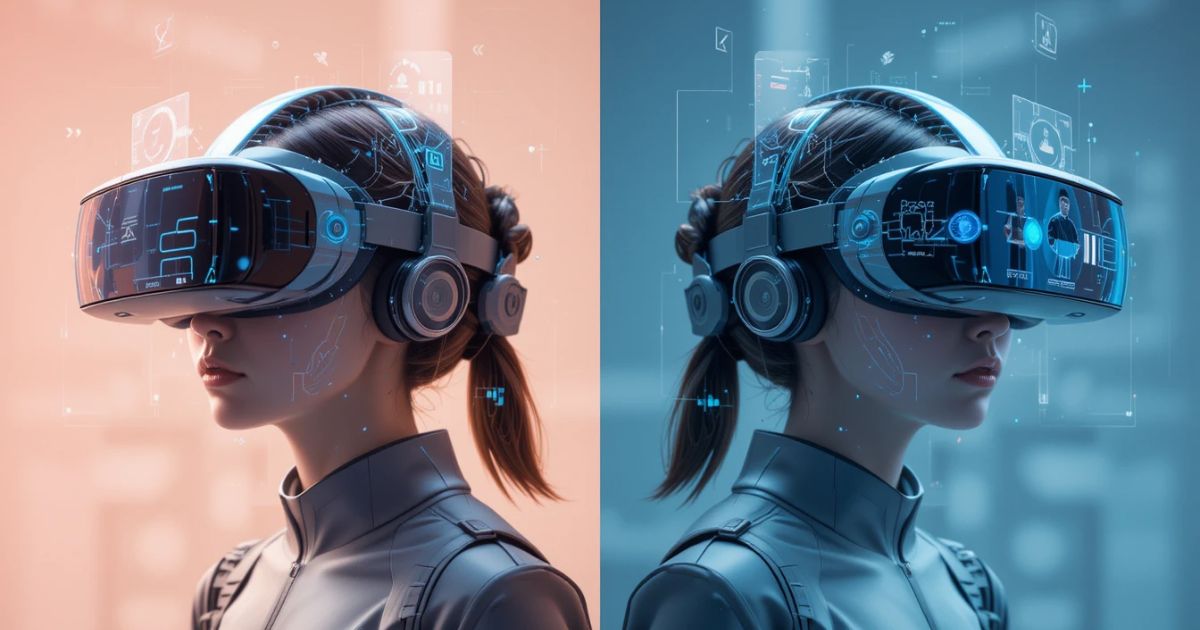Gig worker using Samsung XR and Apple Vision Pro, comparing productivity in a high-tech workspace.