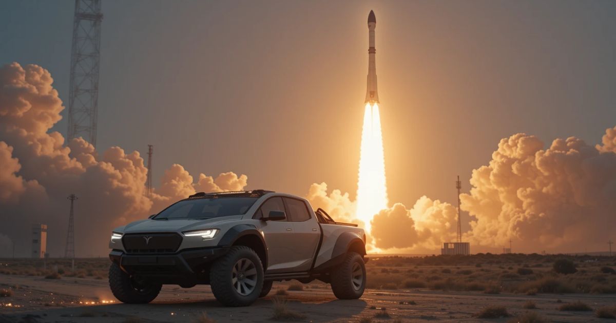 SpaceX Starship explodes as a Tesla Cybertruck pauses below, hype fading.