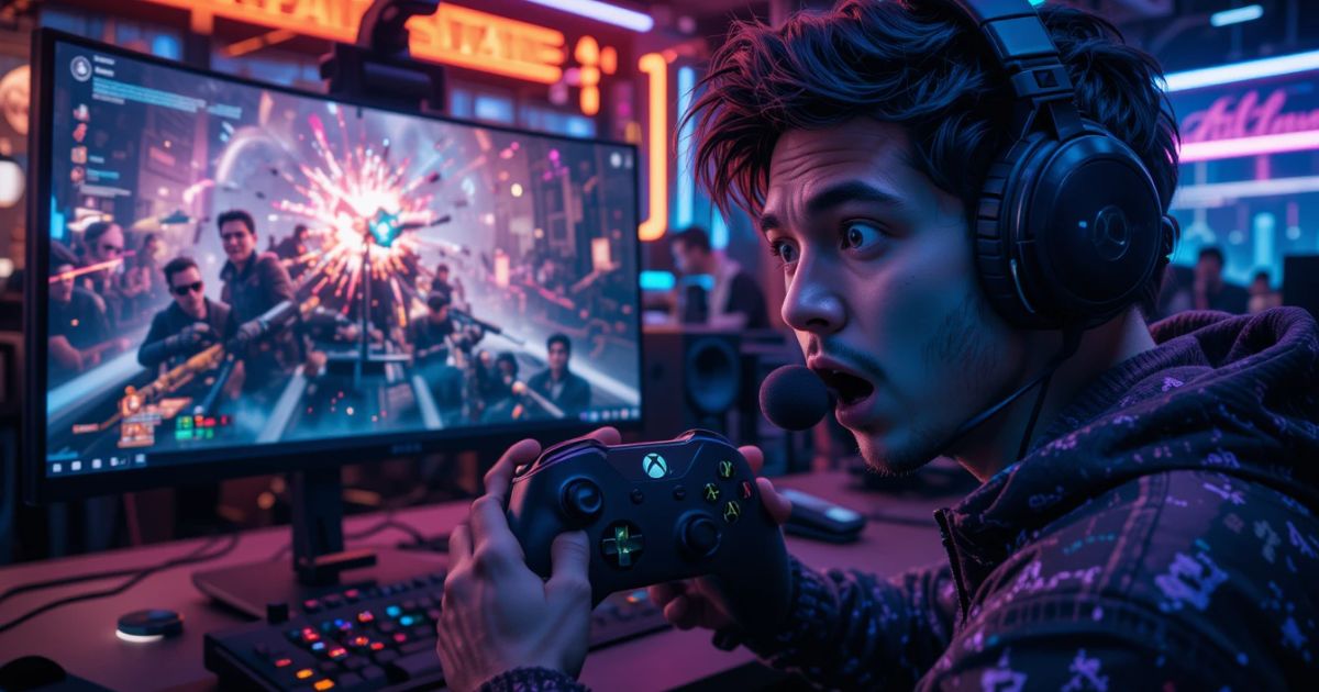 Streamer shocked as a glitched Xbox controller boosts engagement in a high-tech setup.