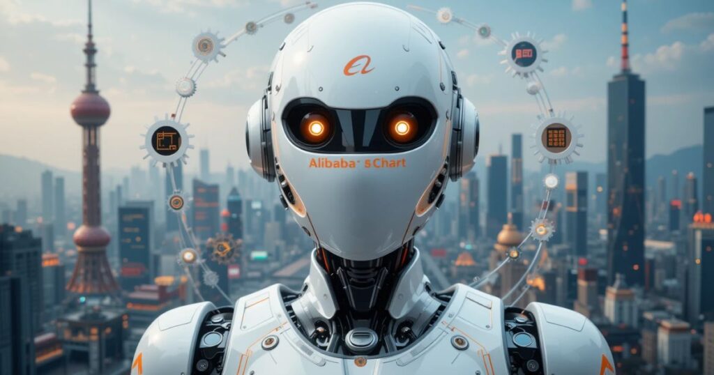 AI robot with Alibaba’s logo, surrounded by gears and a tiny computer chip.