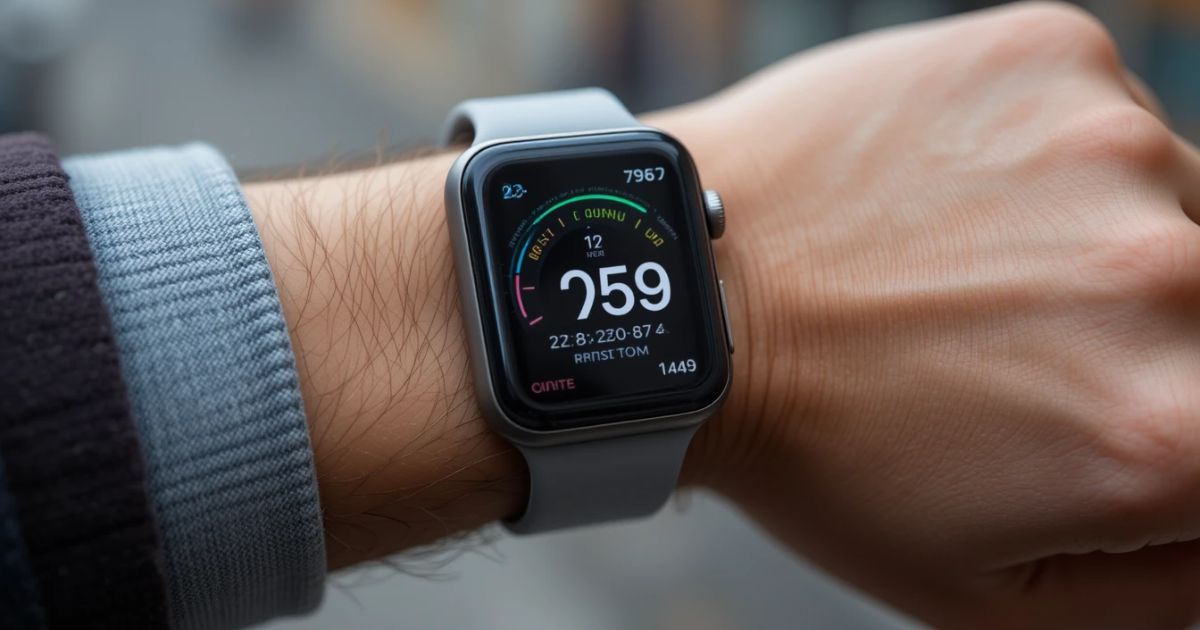 A sleek Apple Watch 11 on a gig worker’s wrist, health stats glowing.