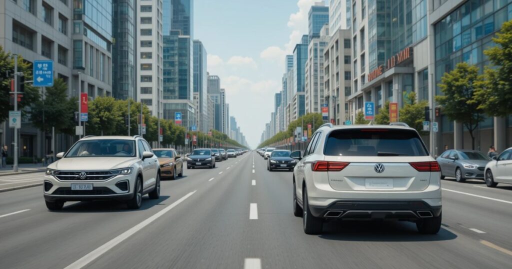 Auto trends future 2027, VW SUVs, SA traffic fix, Chinese EVs in cityscape.