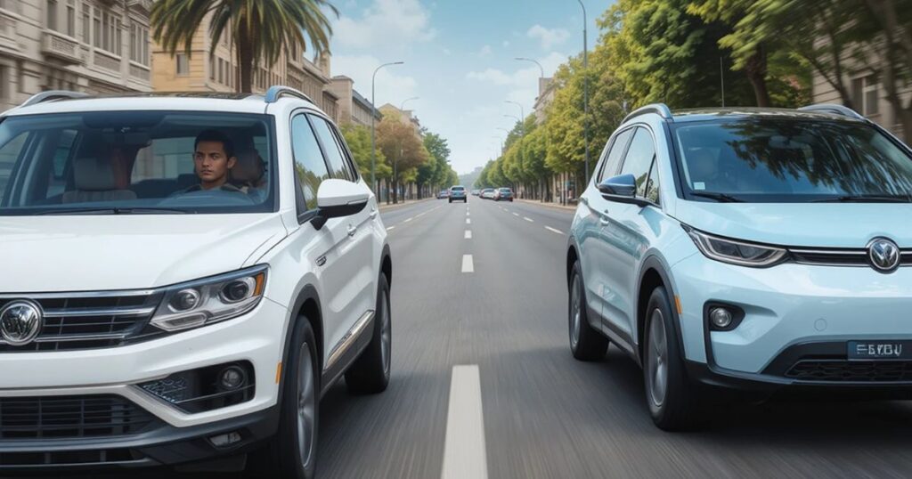 Auto trends impact 2025, VW SUV, SA traffic lane, Chinese EV on road.