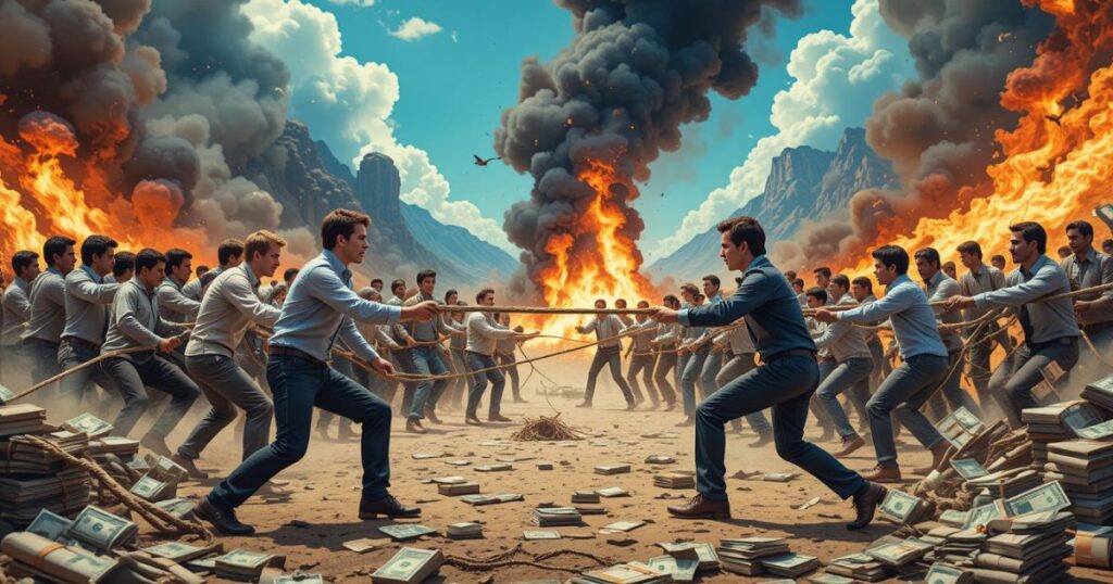 Gig workers in a tug-of-war, pulling gadgets against burnout and cash stacks.