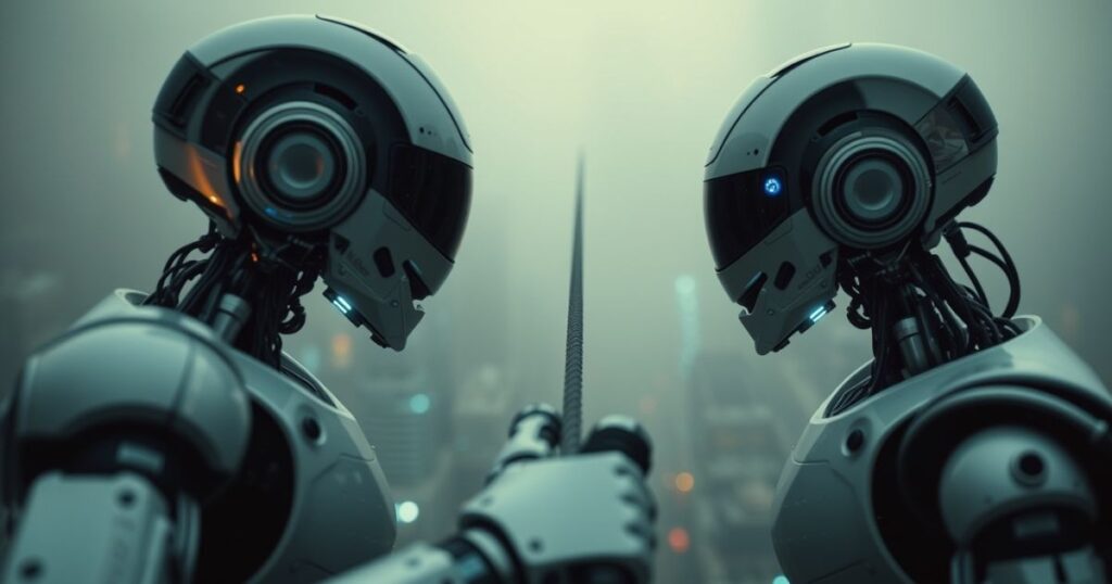 A tug-of-war with AI robots pulling against burnout, cash, and gig tools.