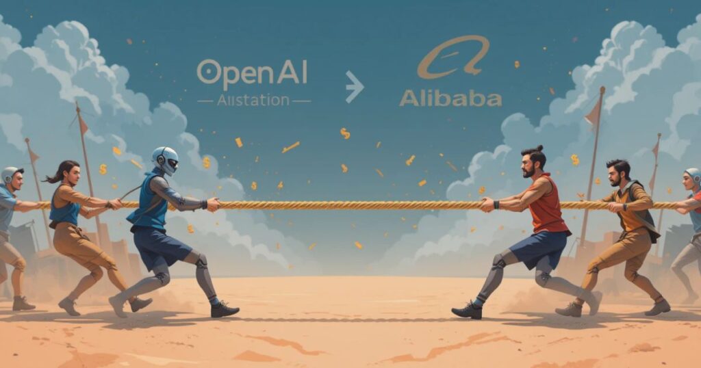 A tug-of-war rope with OpenAI and Alibaba logos, dollar signs, and gig workers pulling.