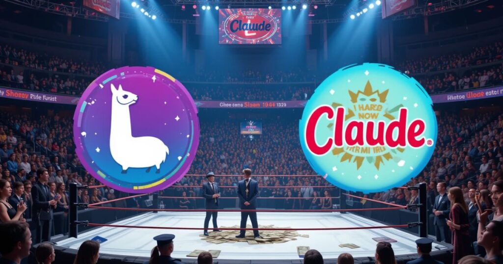 Wrestling ring with Llama 4 and Claude logos, surrounded by gig workers and cash piles.