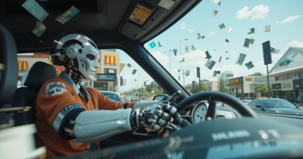 Fast-food worker racing an AI robot at a drive-thru, with cash and clocks flying.