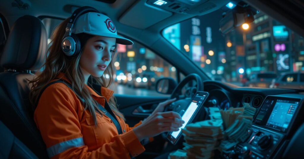 A 2027 gig worker in Cybercab, city humming.