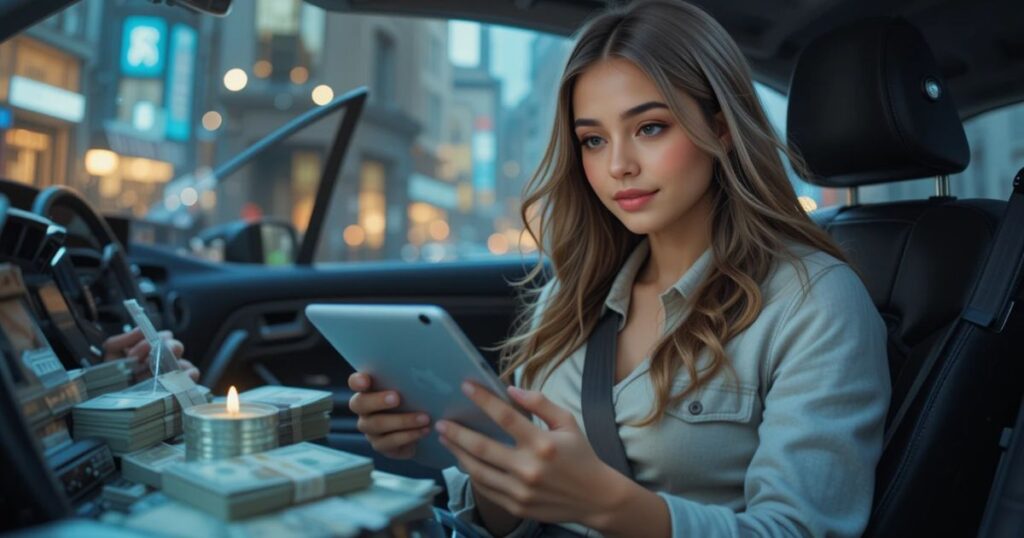 Gig worker in Cybercab, tablet glowing, cash stacking.