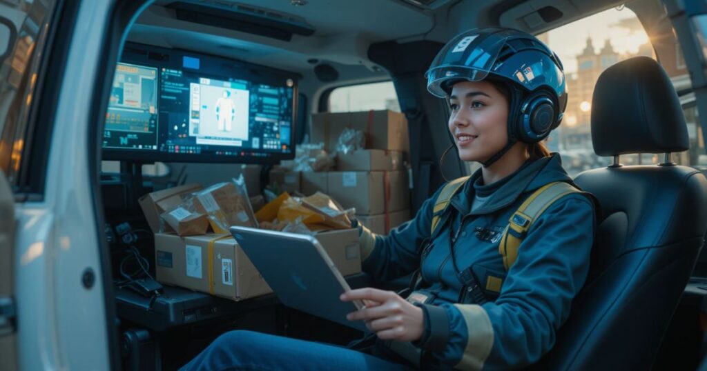 Cybercab hauling packages, gig worker chilling.