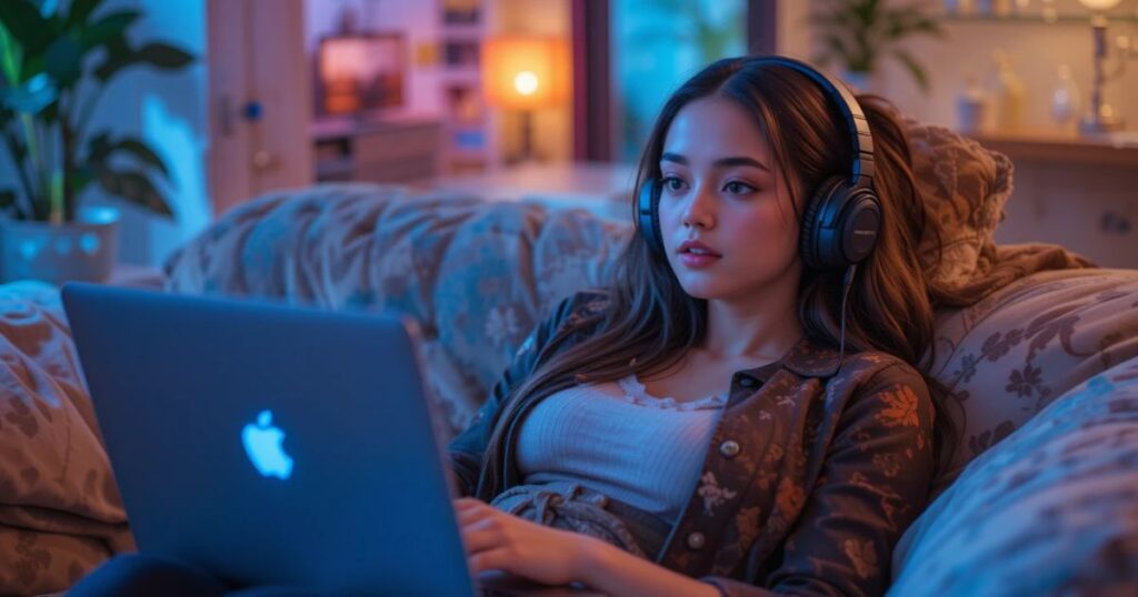 A 2027 freelancer chilling with an XR headset, M4 MacBook humming.