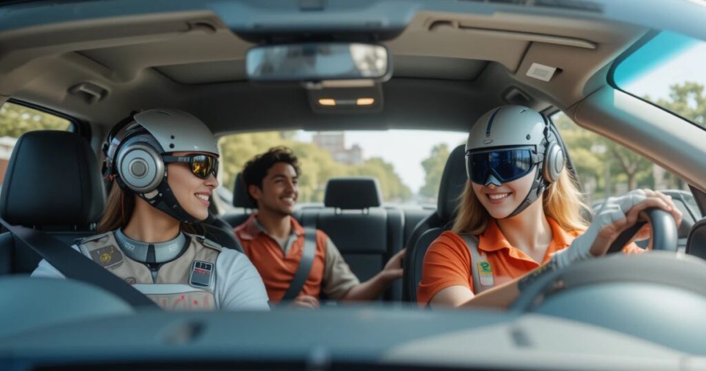 2027 drive-thru with AI and human staff working together, serving happy drivers.