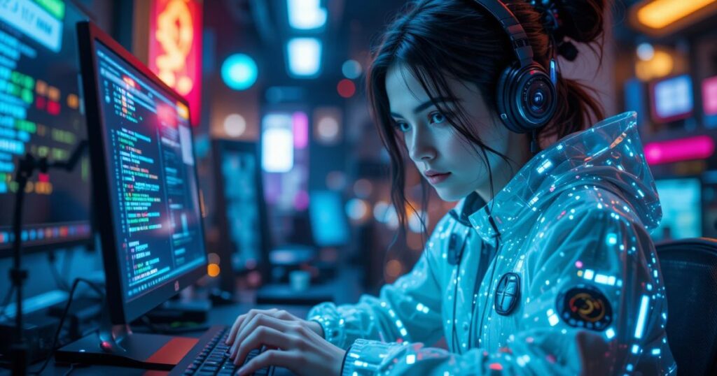 2027 gig worker with QwQ-32B holograms, coding fast as routine jobs fade.