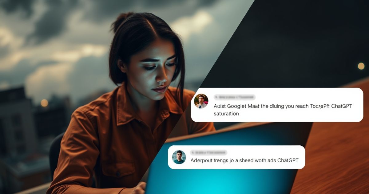 A gig worker at a laptop, split-screen showing Google’s AI Search Mode on one side.