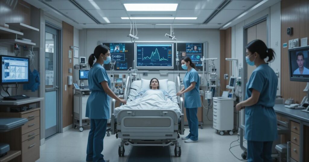 Healthcare future 2027, nurses and aides in ward, telehealth and stats shine.