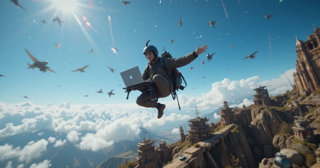 Freelancer soaring with M4 MacBook and Starlink, while another trips over glitchy gear.