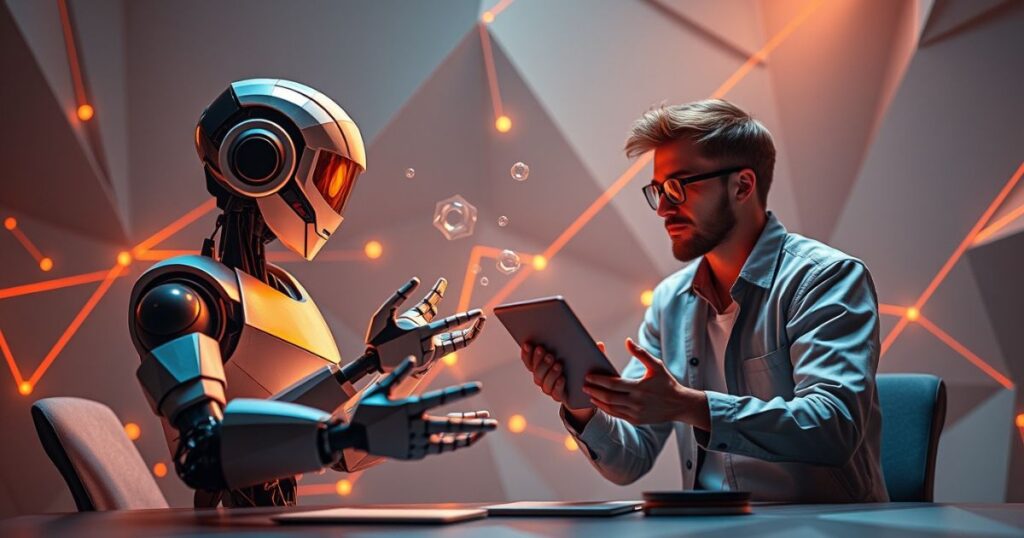 A worker relaxing with AI handling tasks, another stressing over skills.