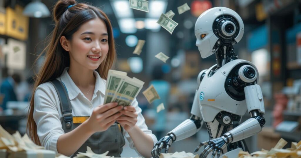 A gig worker with cash flying up, an AI robot cutting jobs below.