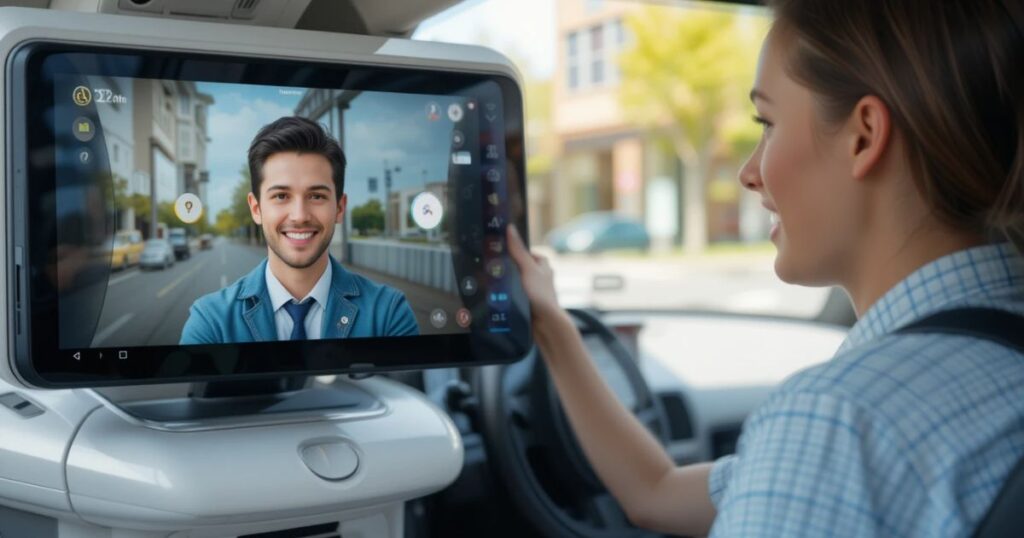 Smiling AI drive-thru screen serving a happy customer, while a worried cashier watches.