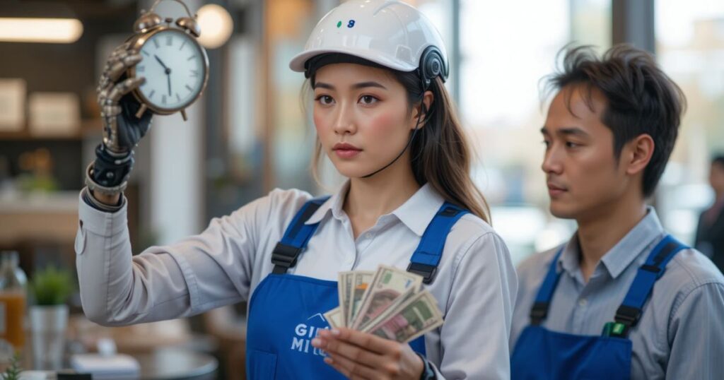 Gig worker with AI agent lifting cash and a clock, while another looks worried.