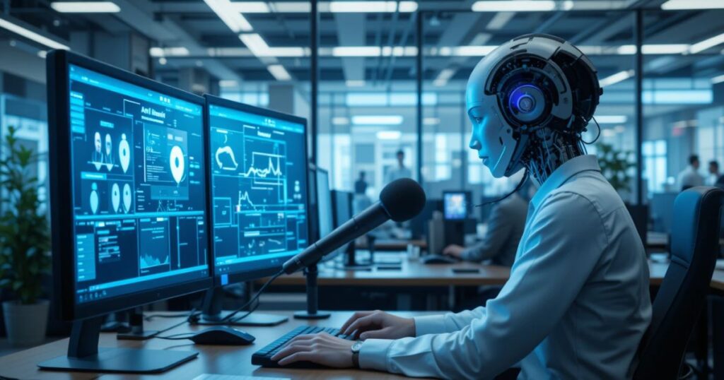 Job hunt future 2027, AI helps seeker, jobs rise in calm office.