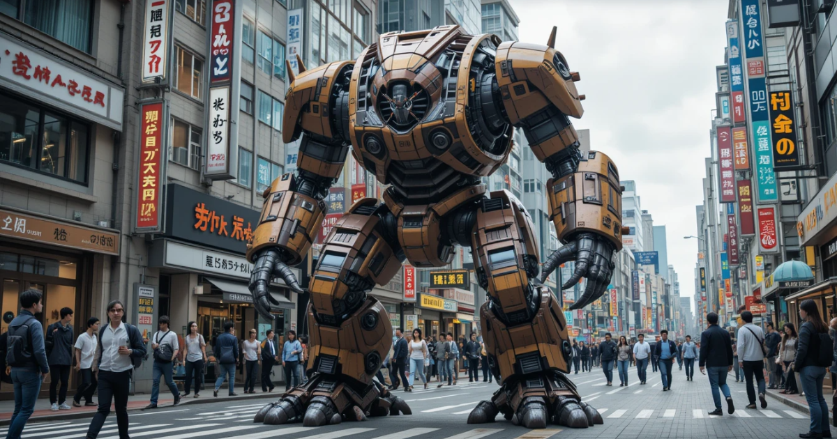 A life-size Koraidon Prototype stomping in Tokyo, freelancers gawking.
