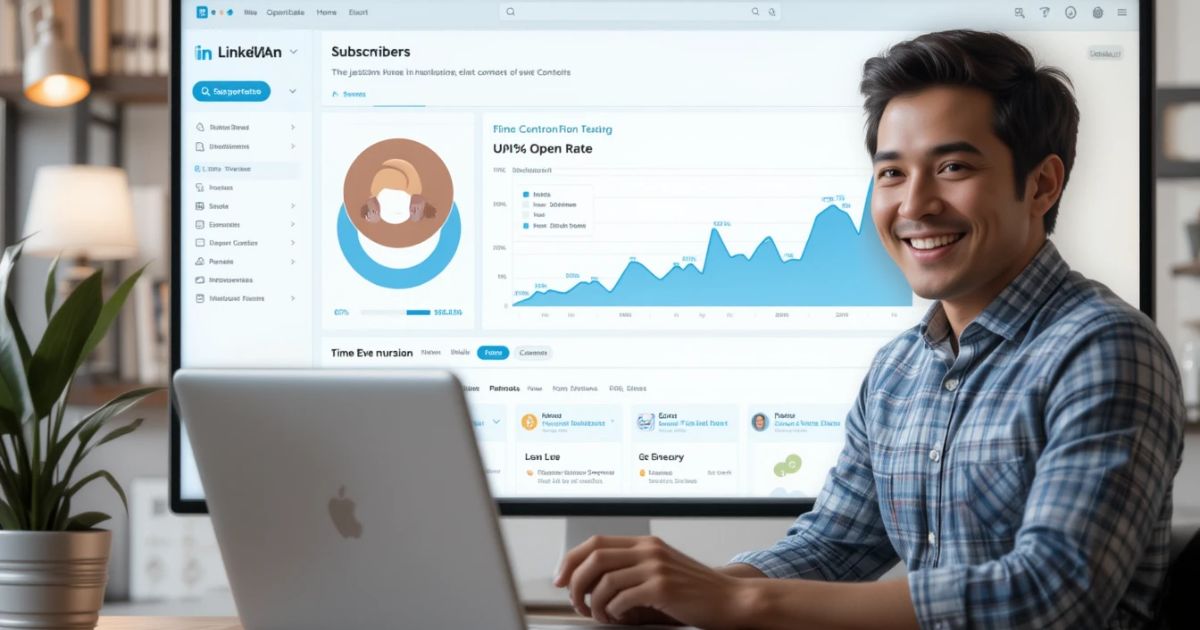 LinkedIn newsletter tracking 2025, dashboard with open rates, professional success.