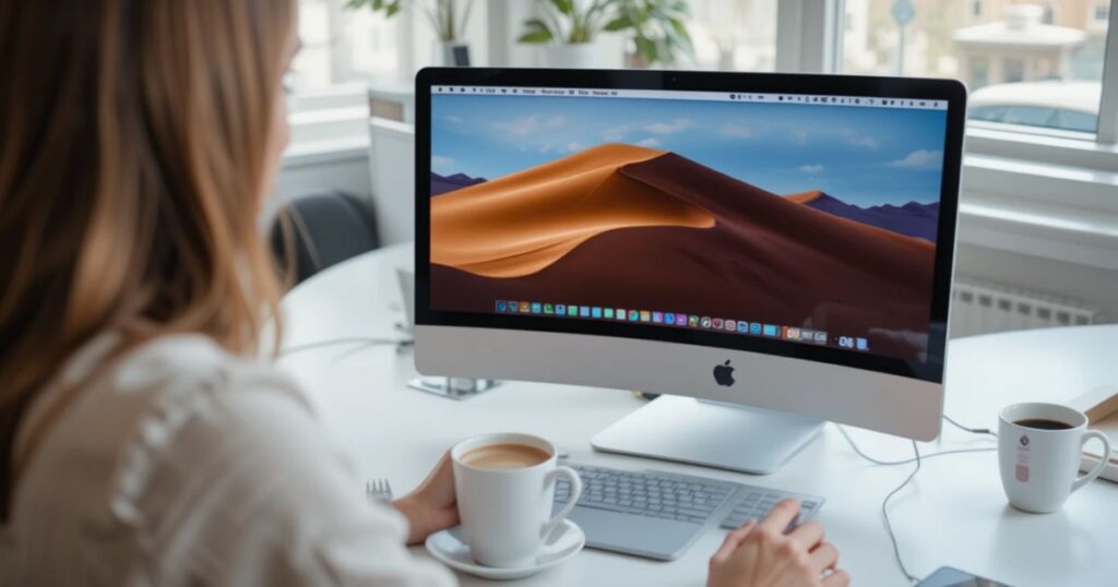 A freelancer with dual screens, M4 MacBook Air humming, coffee in hand.