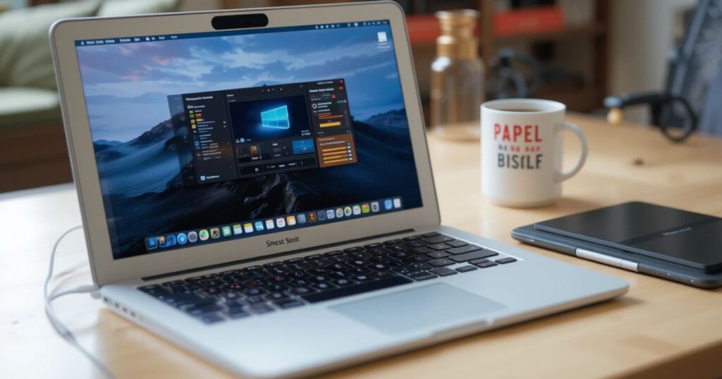 A freelancer toolkit—M4 MacBook Air as a Swiss Army knife, screens and coffee.