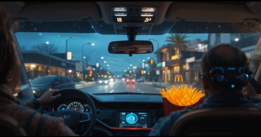 McDonald’s drive-thru with a glowing AI screen talking to a car.