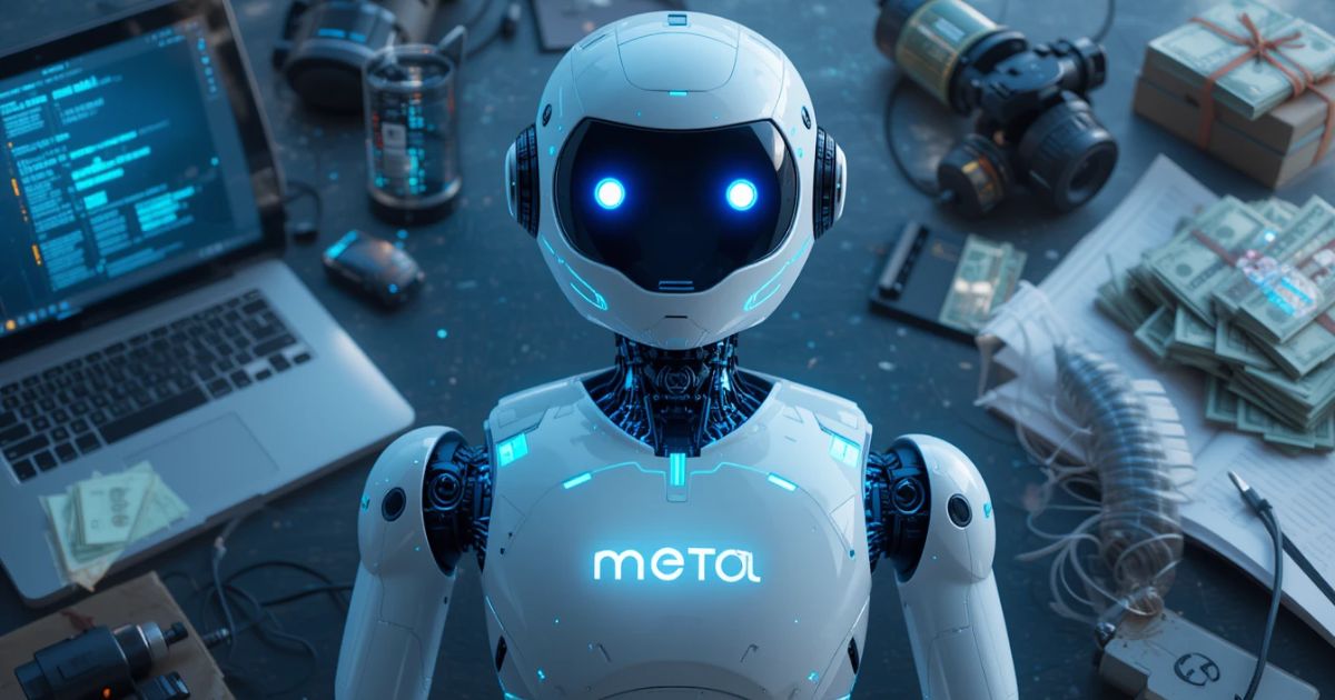Sleek AI robot with Meta’s logo, glowing with code and a voice bubble, surrounded by gig worker tools like a laptop and cash.