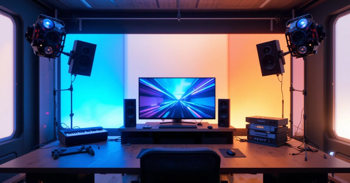 A sleek PS6 concept glowing on a desk, streamer hyped.