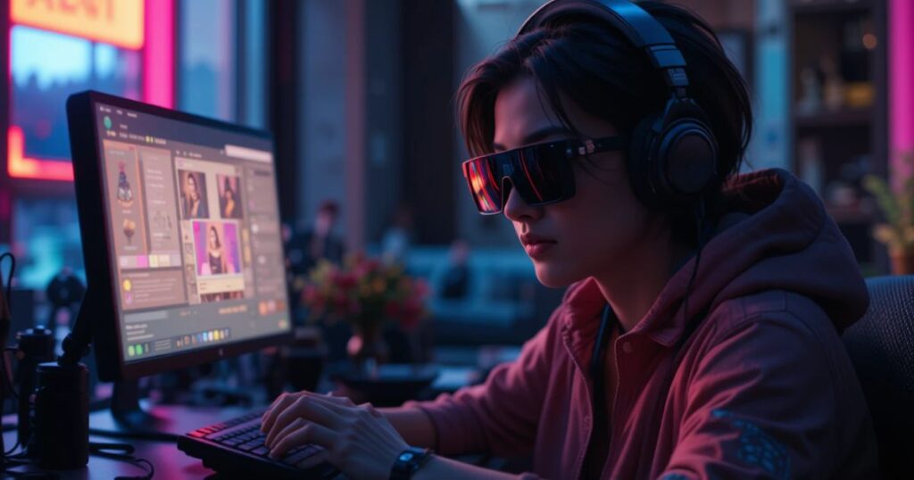 A 2027 freelancer in Samsung XR, Vision Pro fading.