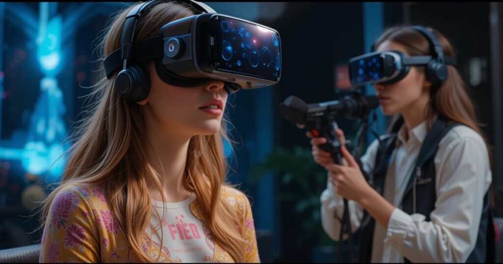A freelancer in Samsung XR designing VR, another in Vision Pro pitching.