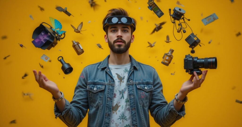 A freelancer juggling Samsung XR and Vision Pro, tools flying.
