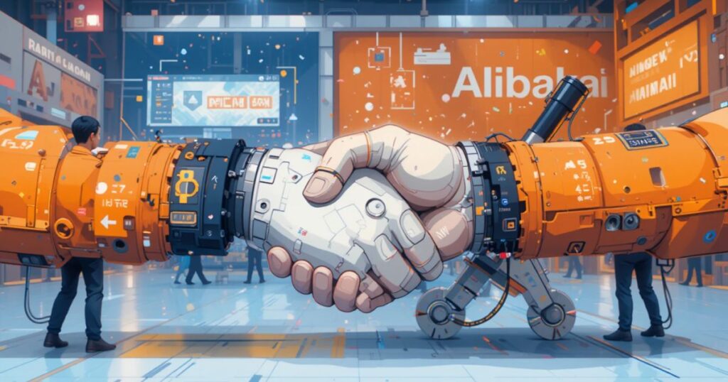 A gig worker toolkit—OpenAI as a calculator, Alibaba as a wrench, team handshake.