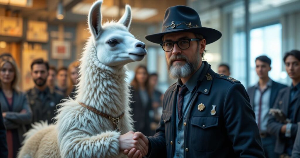 Freelancer toolkit with Llama 4 wrench, Claude pen, and team handshake.