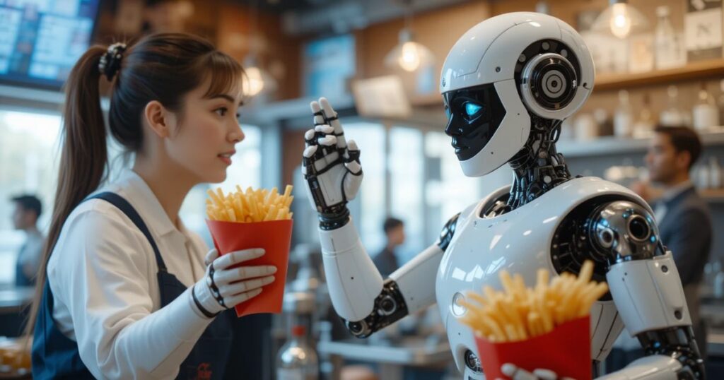Happy worker learning tech with an AI robot high-fiving, holding fries.