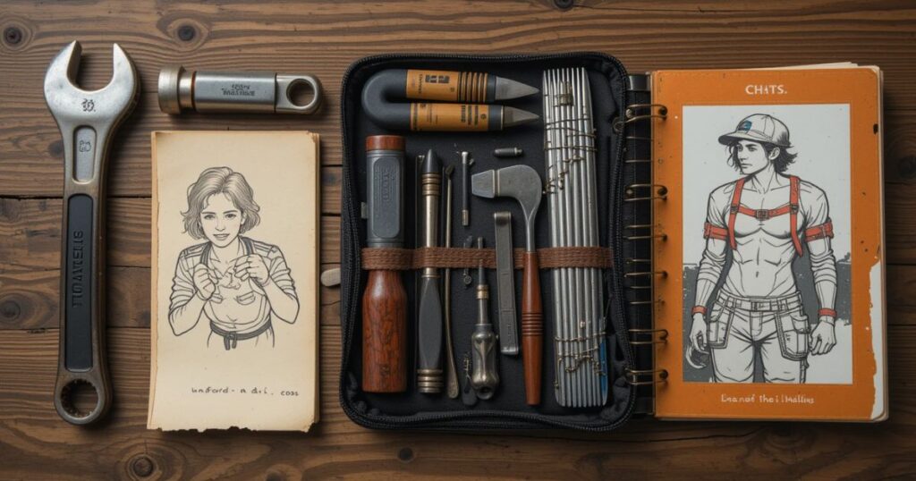 Gig worker toolkit with QwQ-32B wrench, team handshake, and skill book.