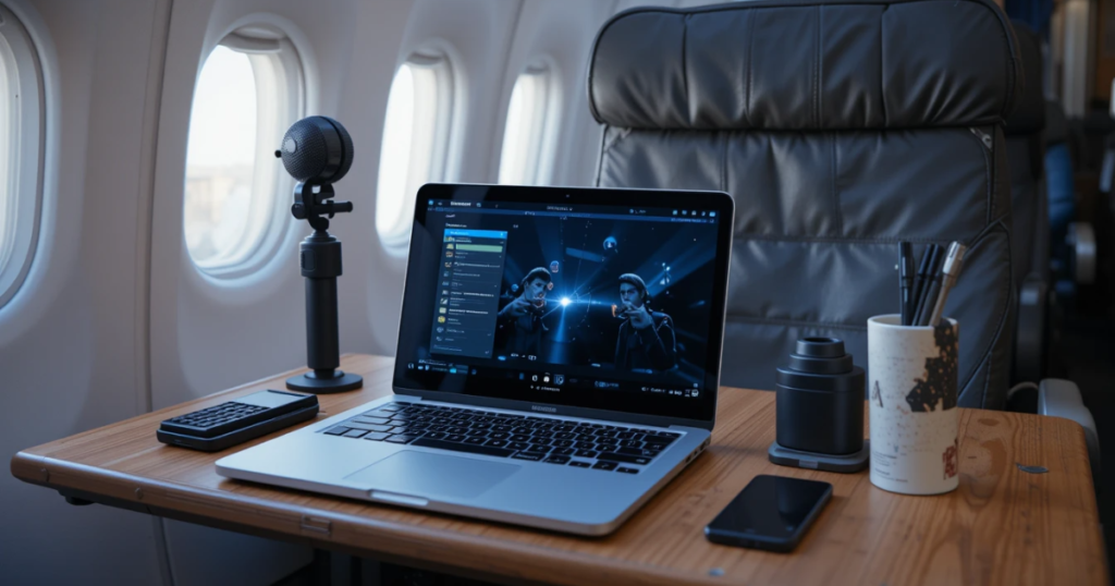 A 2027 freelancer on a plane, Starlink Wi-Fi humming.