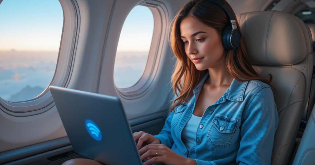 A freelancer on a plane, laptop glowing with Starlink Wi-Fi.