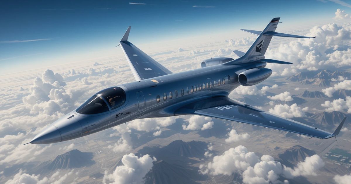 A sleek jet soaring with Starlink satellites beaming Wi-Fi, freelancers typing below.
