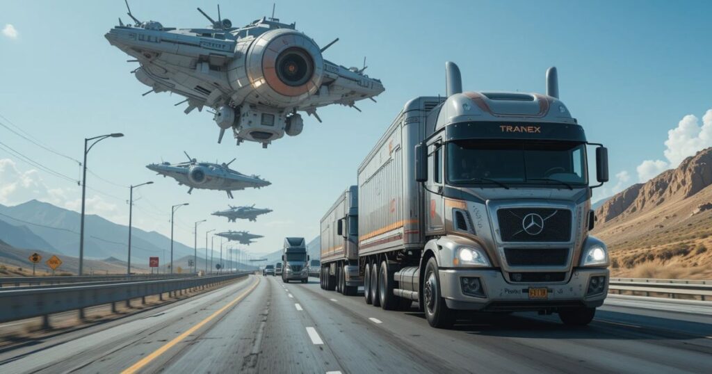 Starship Cybertruck future 2027, trucks on highway, rockets in sky.