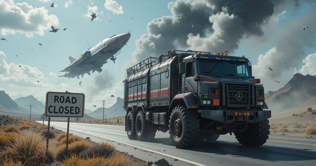 Starship Cybertruck impact 2025, truck on road, debris in sky fallout.